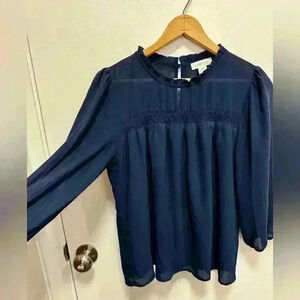 Monteau women’s navy blue long sleeve blouse with sheer top layer size medium